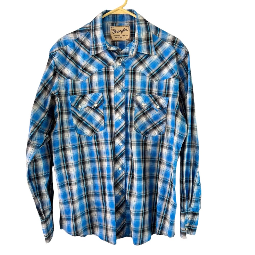Wrangler Western Snap Shirt Plaid Long Sleeve Cowboy Blue White‎ Silver Treaded